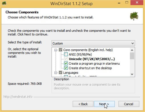 WinDirStat - Escolha os componentes