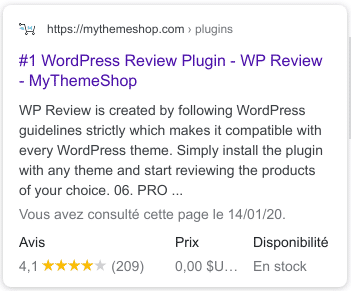 WP Review - Exemplo de classificação nos resultados do Google