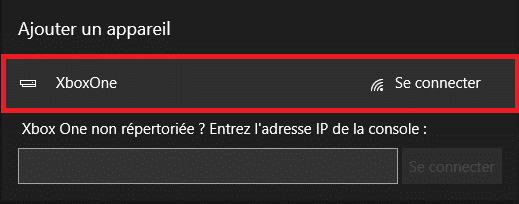 Janela Adicionar dispositivo, o botão Conectar ao Xbox One está emoldurado em vermelho