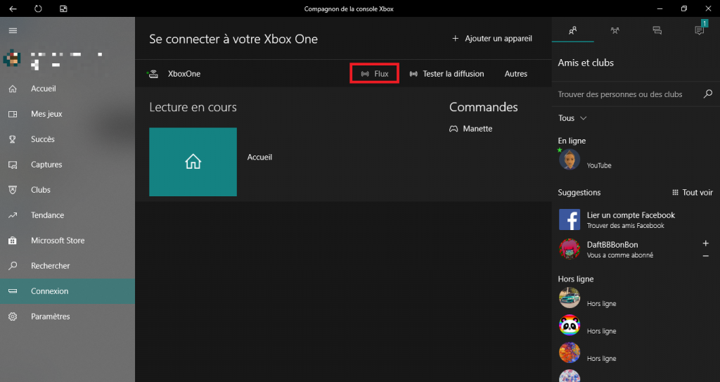 Nell'app Companion sulla console Xbox, nella pagina Connessione, il pulsante Stream è incorniciato in rosso