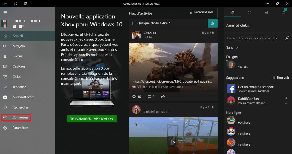 Page d'accueil de l'application Compagnon de la console Xbox, Le bouton Connexion est encadré en rouge