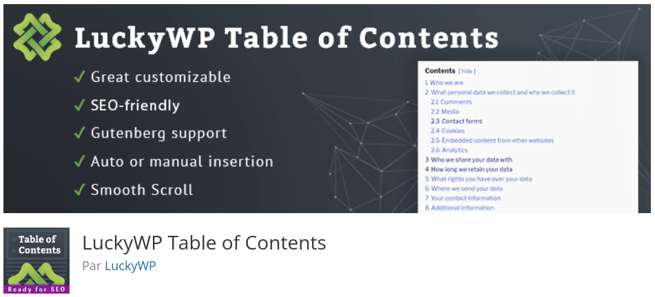 Tabla de contenido de LuckyWP