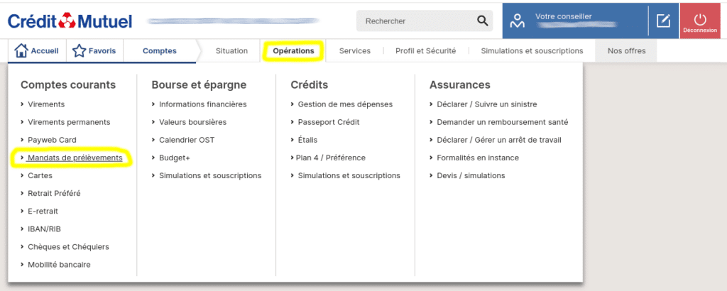 Etape 1 - Menu - Crédit Mutuel