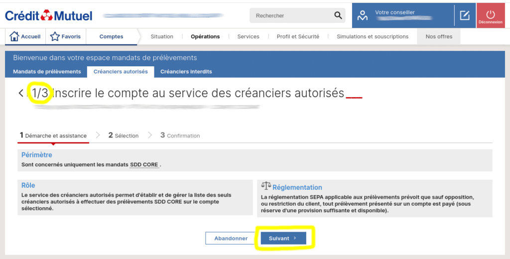 Etape 3 - Ajouter un créancier autorisé 1/3 - Crédit Mutuel