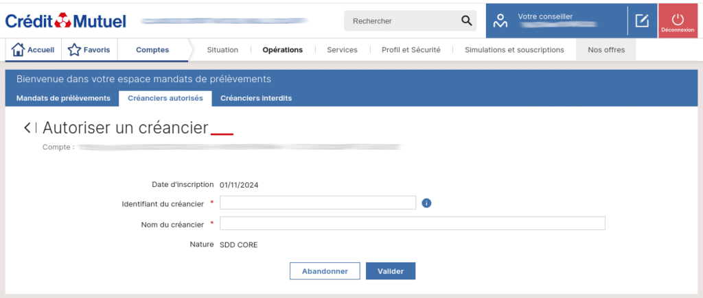 Etape 6 - Ajouter un créancier autorisé - Crédit Mutuel