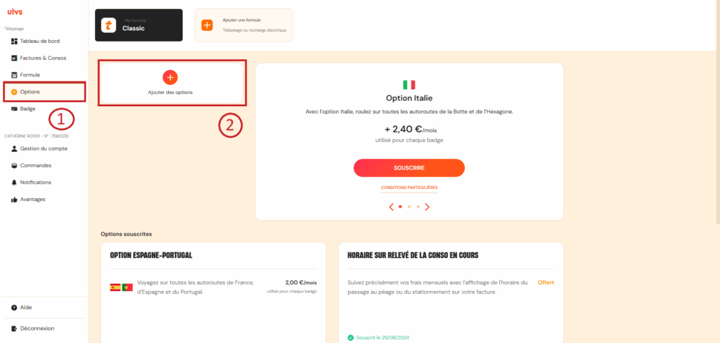 Page compte ULYS pour ajoute souscrire une option