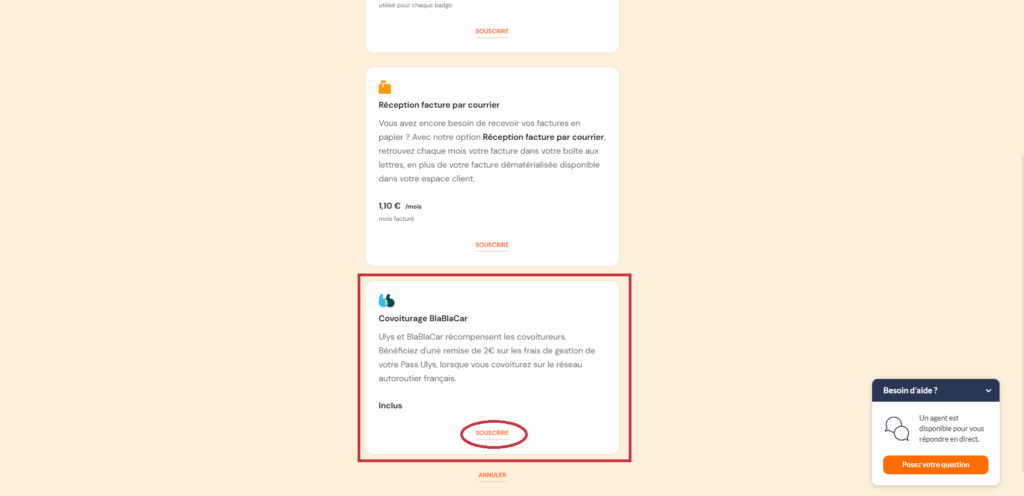 page souscription option blablacar pour le badge de télépéage